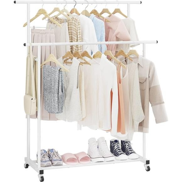 Double Rod Clothing Garment Rack, Rolling Hanging Clothes Rack, Portable White - Picture 3 of 7